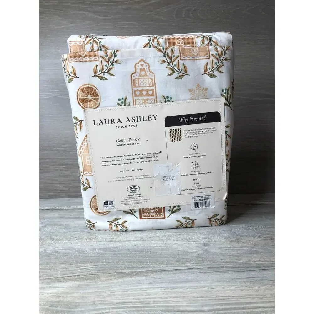 Laura Ashley King Sheet Set Cotton Percale Gingerbread Holiday Print Breathable